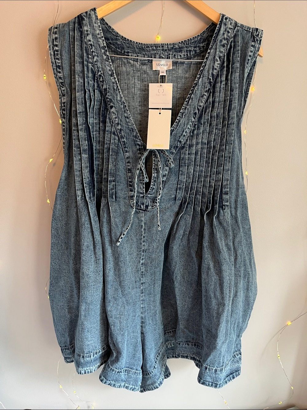 Love Washed Blue Denim Romper with Pleated Yoke